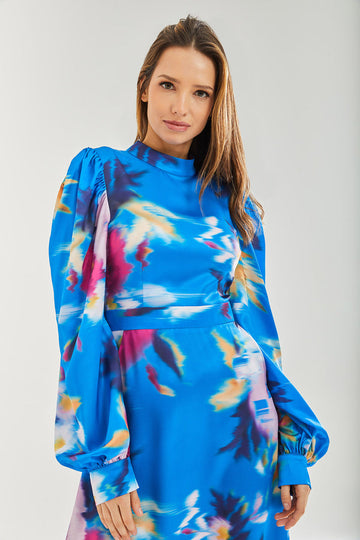 Blue Floral Satin Cut Out Back Midi Dress Liquorish